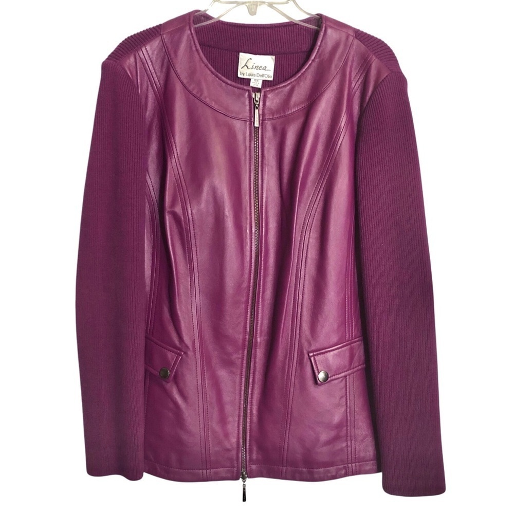 Linea by Louis Dell'Olio Lamb Leather Jacket Sweater Sleeves & Back Plum/Wine 18